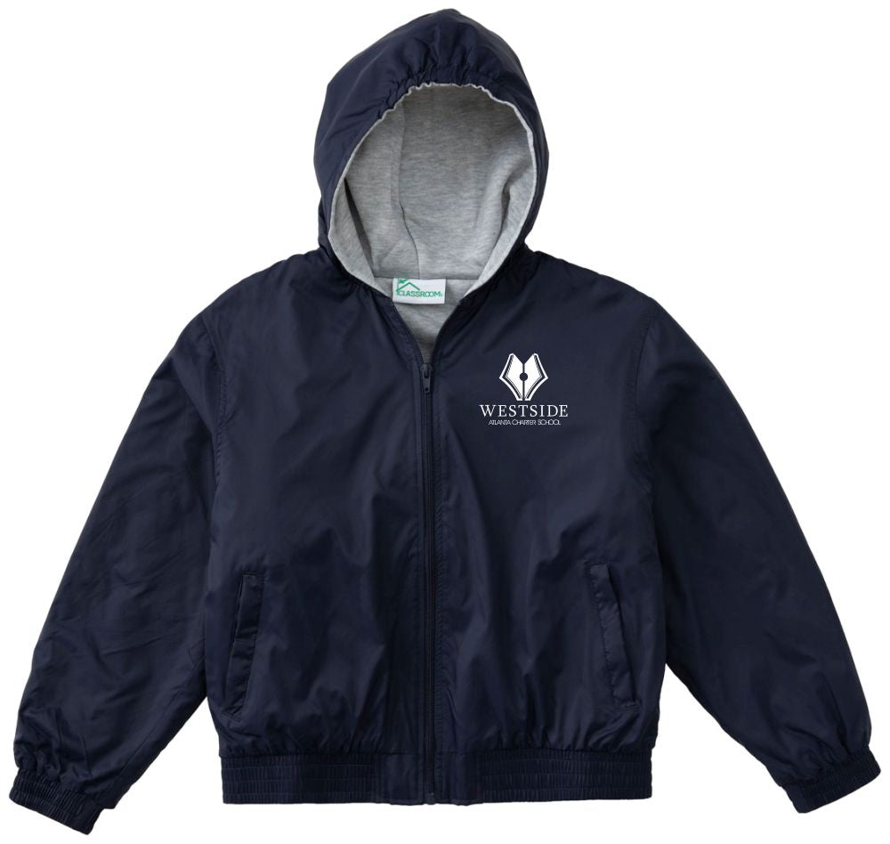 Youth Unisex Zip Front Hooded Jacket with Embroidered Westside Atlanta  Charter School WACS Logo, Navy 53402