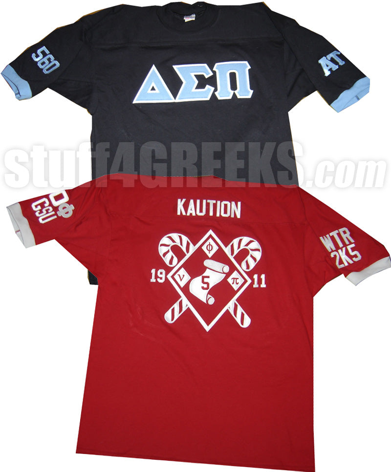 Fraternity/Sorority Standard Custom Pinstripe Baseball Jersey: Includes  Greek Letter Front, Left Sleeve Text, Back Sleeve Text, Back Line Name,  Back Line Number, and Back Ship Name - EMBROIDERED WITH LIFETIME GUARANTEE